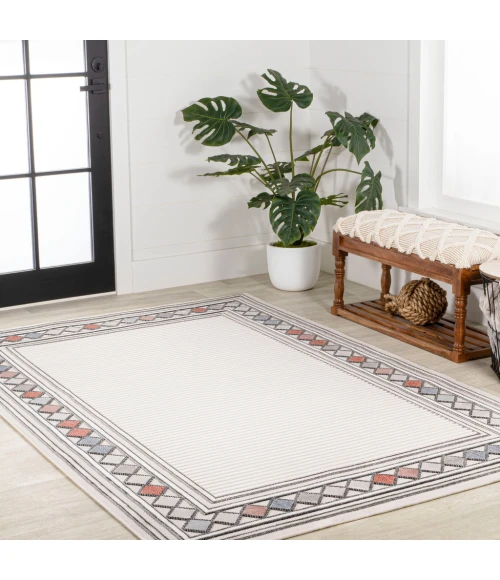 Sebastian High-Low Modern Diamond Border Ivory/Beige 5 ft. x 8 ft. Indoor/Outdoor Area Rug