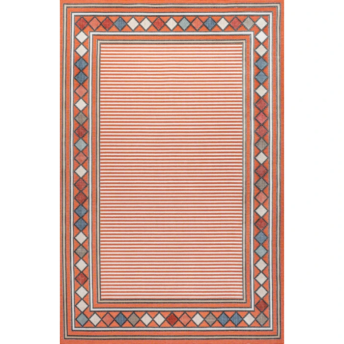 Sebastian High-Low Modern Diamond Border Orange/Ivory 3 ft. x 5 ft. Indoor/Outdoor Area Rug