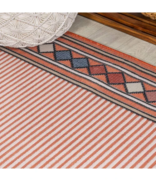 Sebastian High-Low Modern Diamond Border Orange/Ivory 8 ft. x 10 ft. Indoor/Outdoor Area Rug