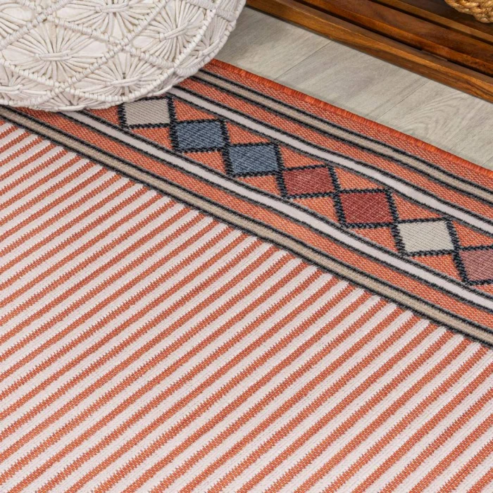 Sebastian High-Low Modern Diamond Border Orange/Ivory 3 ft. x 5 ft. Indoor/Outdoor Area Rug