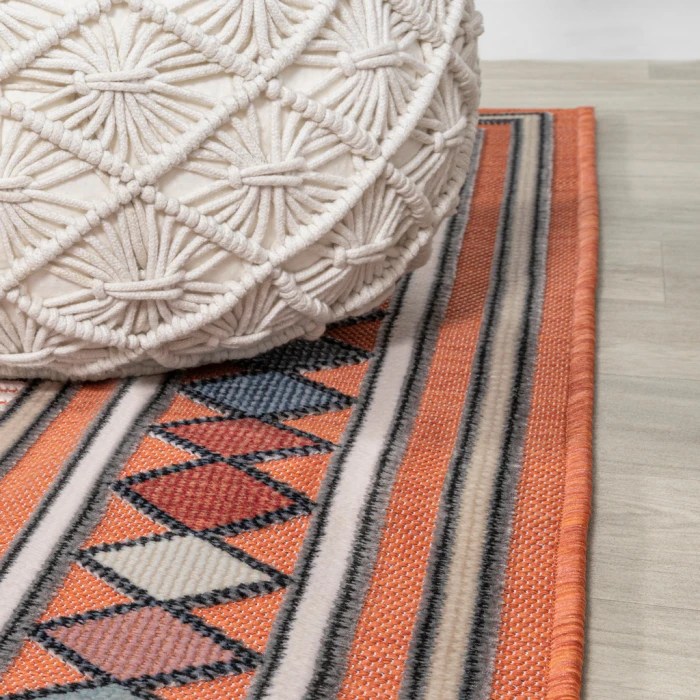 Sebastian High-Low Modern Diamond Border Orange/Ivory 3 ft. x 5 ft. Indoor/Outdoor Area Rug