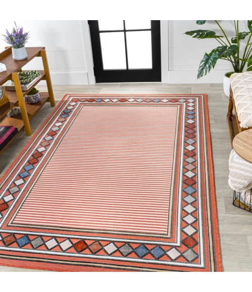 Sebastian High-Low Modern Diamond Border Orange/Ivory 8 ft. x 10 ft. Indoor/Outdoor Area Rug