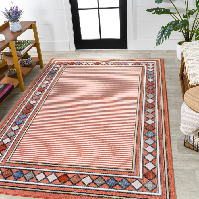 Sebastian High-Low Modern Diamond Border Orange/Ivory 3 ft. x 5 ft. Indoor/Outdoor Area Rug