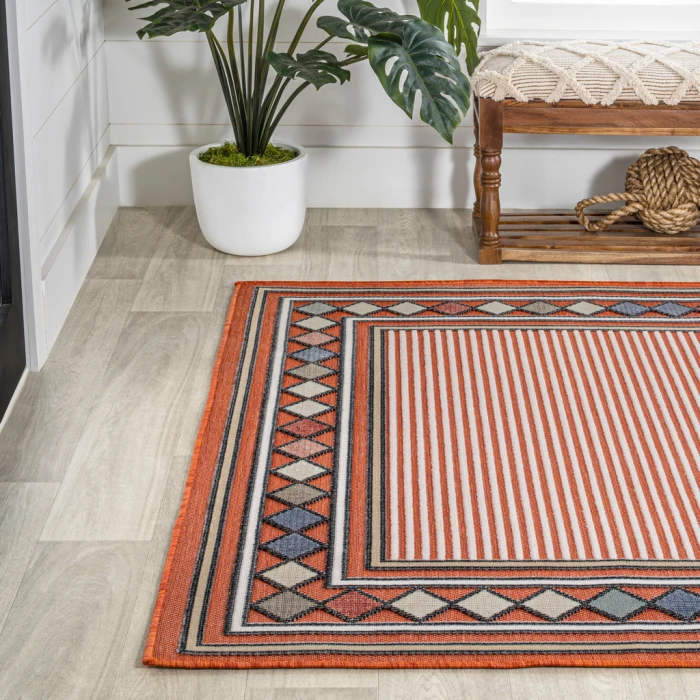 Sebastian High-Low Modern Diamond Border Orange/Ivory 3 ft. x 5 ft. Indoor/Outdoor Area Rug