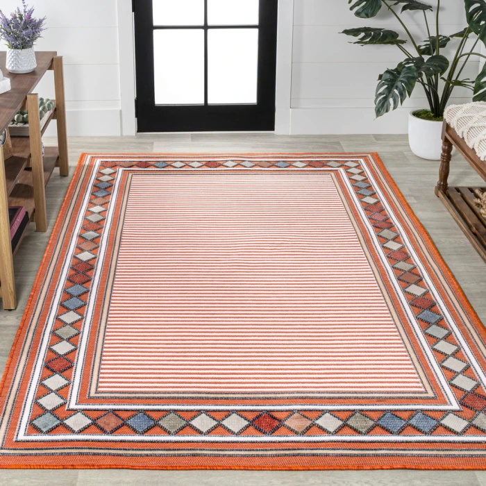 Sebastian High-Low Modern Diamond Border Orange/Ivory 3 ft. x 5 ft. Indoor/Outdoor Area Rug
