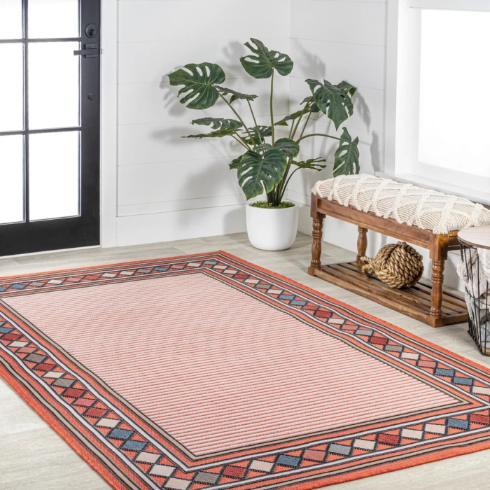 Sebastian High-Low Modern Diamond Border Orange/Ivory 3 ft. x 5 ft. Indoor/Outdoor Area Rug