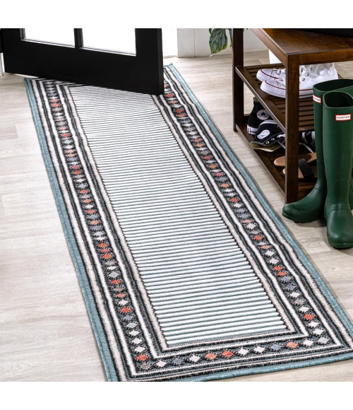 Sebastian High-Low Modern Diamond Border Blue/Ivory 2 ft. x 8 ft. Indoor/Outdoor Runner Rug