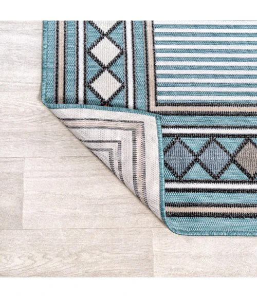 Sebastian High-Low Modern Diamond Border Blue/Ivory 8 ft. x 10 ft. Indoor/Outdoor Area Rug