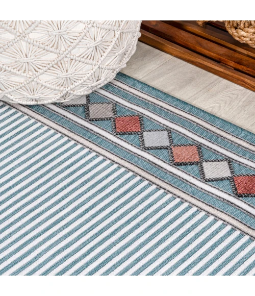 Sebastian High-Low Modern Diamond Border Blue/Ivory 8 ft. x 10 ft. Indoor/Outdoor Area Rug