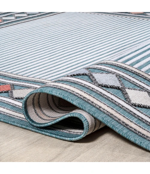 Sebastian High-Low Modern Diamond Border Blue/Ivory 2 ft. x 8 ft. Indoor/Outdoor Runner Rug