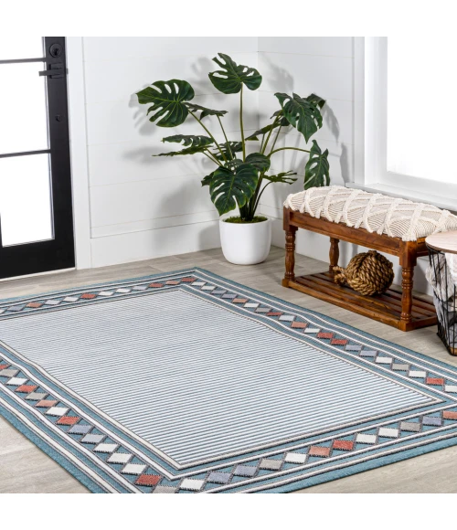 Sebastian High-Low Modern Diamond Border Blue/Ivory 8 ft. x 10 ft. Indoor/Outdoor Area Rug