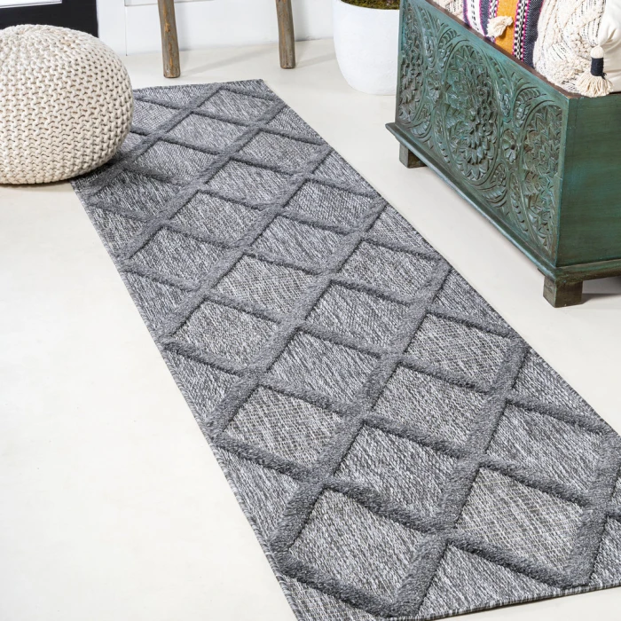 Salines Diamond Trellis Dark Gray 2 ft. x 8 ft. Indoor/Outdoor Runner Rug