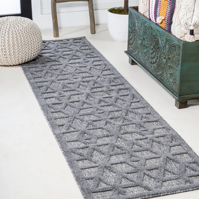 Talaia Neutral Geometric Dark Gray 2 ft. x 8 ft. Indoor/Outdoor Runner Rug