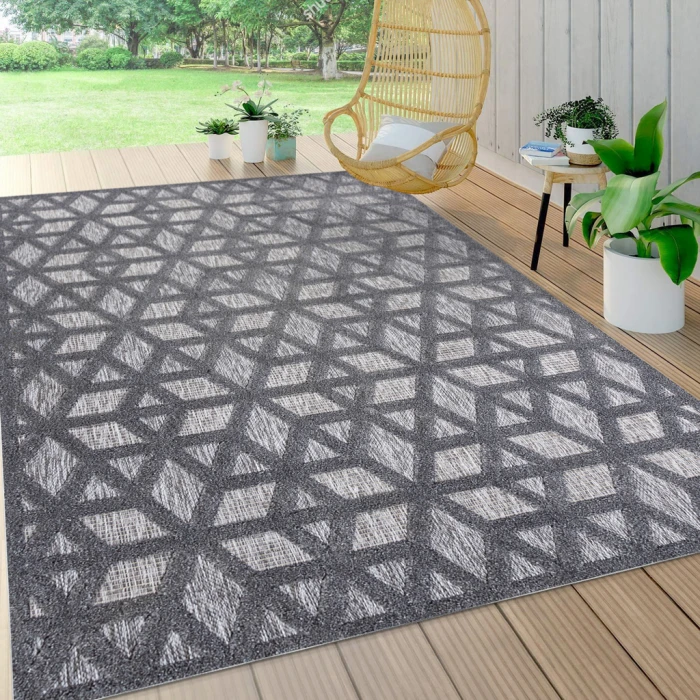 Talaia Neutral Geometric Dark Gray 3 ft. x 5 ft. Indoor/Outdoor Area Rug