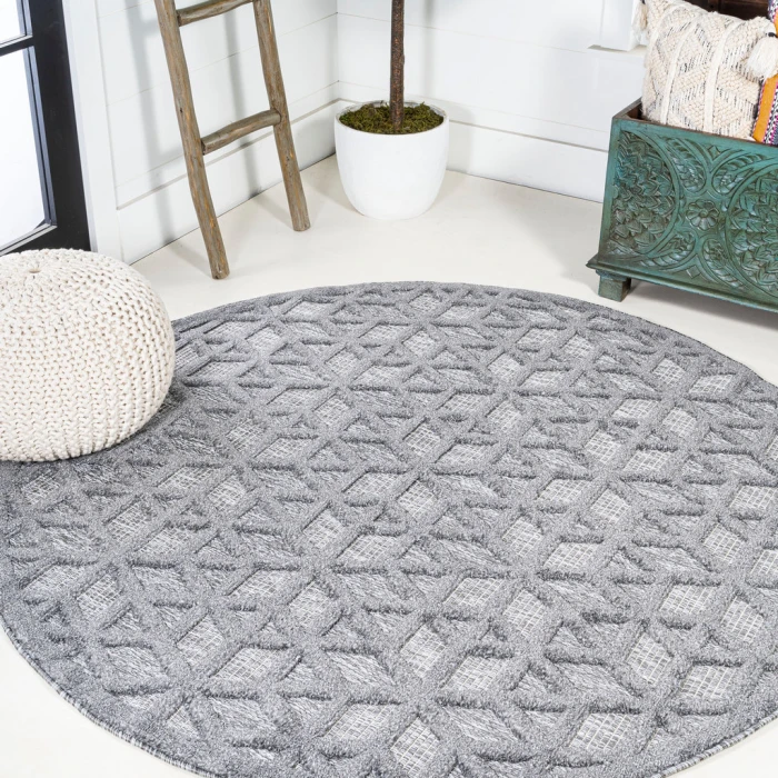 Talaia Neutral Geometric Dark Gray 5' Round Indoor/Outdoor Area Rug