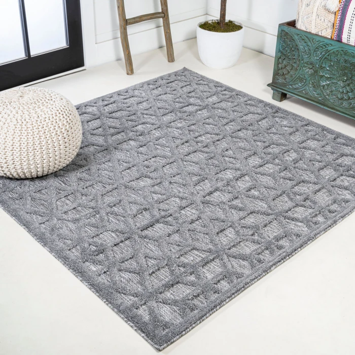 Talaia Neutral Geometric Dark Gray 5' Square Indoor/Outdoor Area Rug