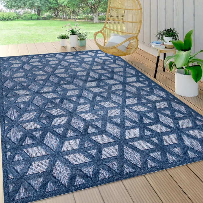 Talaia Neutral Geometric Navy 3 ft. x 5 ft. Indoor/Outdoor Area Rug