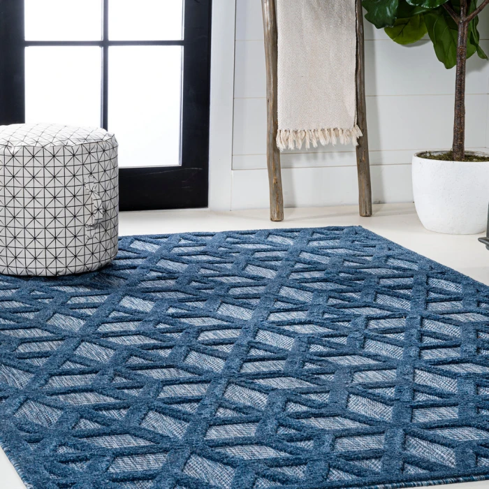 Talaia Neutral Geometric Navy 3 ft. x 5 ft. Indoor/Outdoor Area Rug