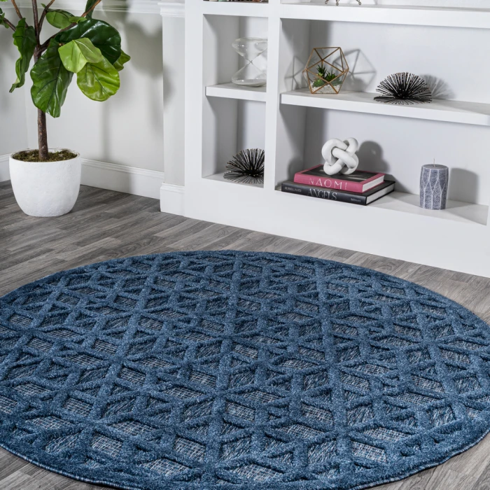 Talaia Neutral Geometric Navy 5' Round Indoor/Outdoor Area Rug