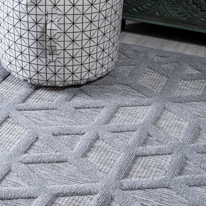 Talaia Neutral Geometric Light Gray 5' Square Indoor/Outdoor Area Rug