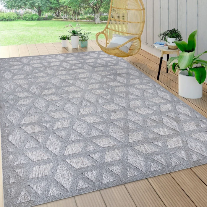 Talaia Neutral Geometric Light Gray 3 ft. x 5 ft. Indoor/Outdoor Area Rug