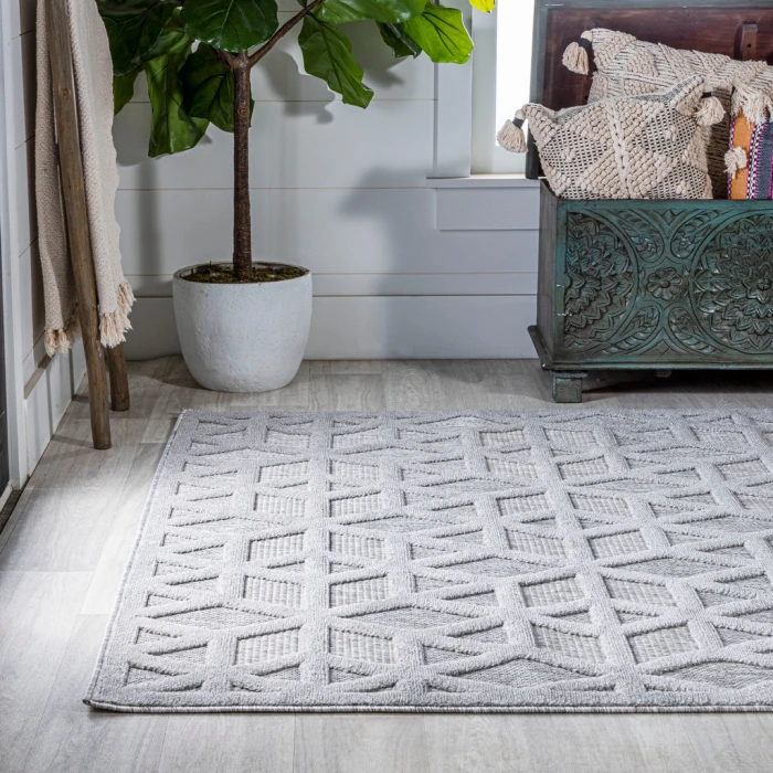 Talaia Neutral Geometric Light Gray 3 ft. x 5 ft. Indoor/Outdoor Area Rug