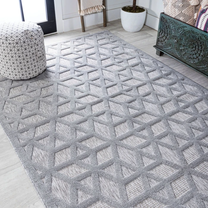 Talaia Neutral Geometric Light Gray 3 ft. x 5 ft. Indoor/Outdoor Area Rug