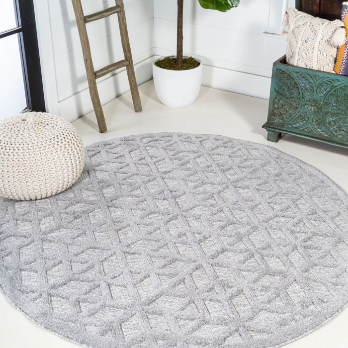 Talaia Neutral Geometric Light Gray 5' Round Indoor/Outdoor Area Rug