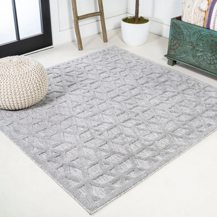 Talaia Neutral Geometric Light Gray 5' Square Indoor/Outdoor Area Rug