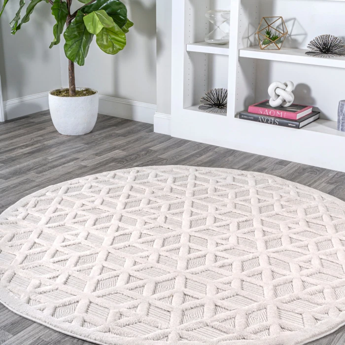 Talaia Neutral Geometric Ivory 5' Round Indoor/Outdoor Area Rug