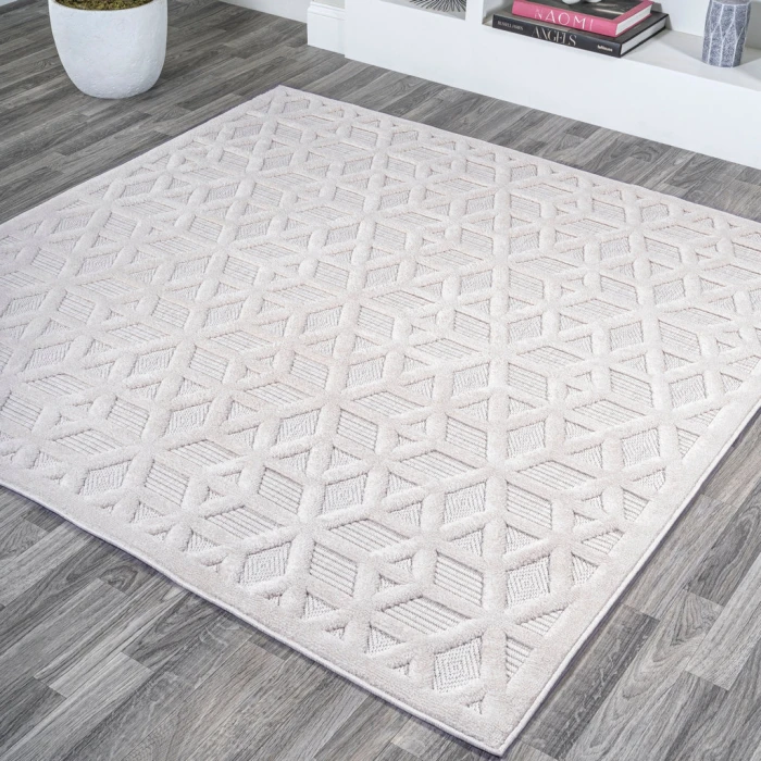 Talaia Neutral Geometric Ivory 5' Square Indoor/Outdoor Area Rug