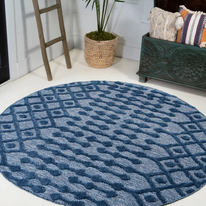 Peralta Moroccan Diamond Navy 5' Round Indoor/Outdoor Area Rug