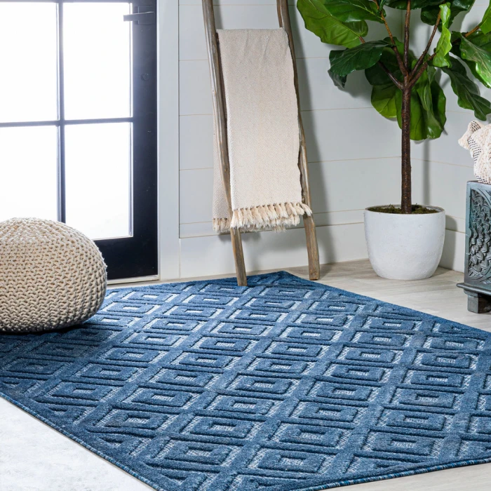 Portmany Neutral Diamond Trellis Navy 4 ft. x 6 ft. Indoor/Outdoor Area Rug
