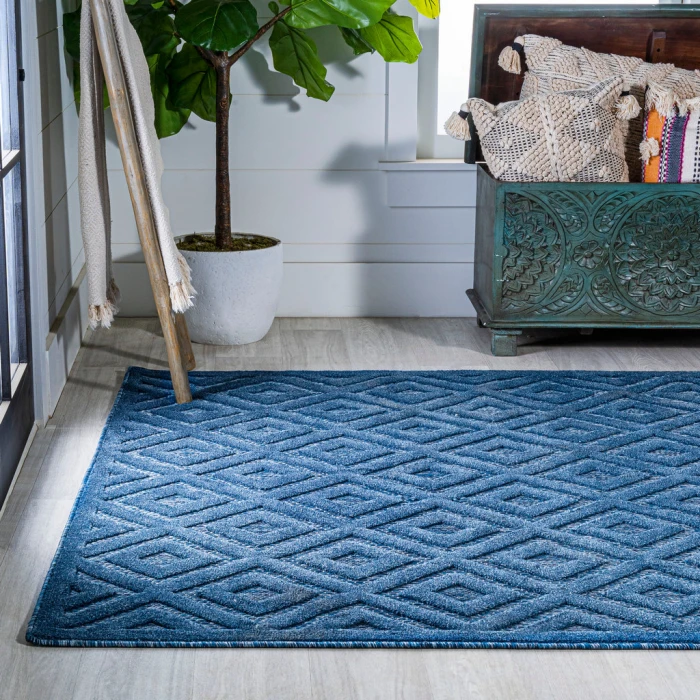 Portmany Neutral Diamond Trellis Navy 4 ft. x 6 ft. Indoor/Outdoor Area Rug