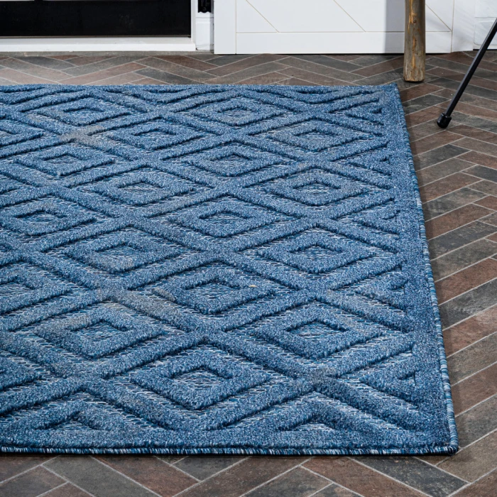 Portmany Neutral Diamond Trellis Navy 4 ft. x 6 ft. Indoor/Outdoor Area Rug