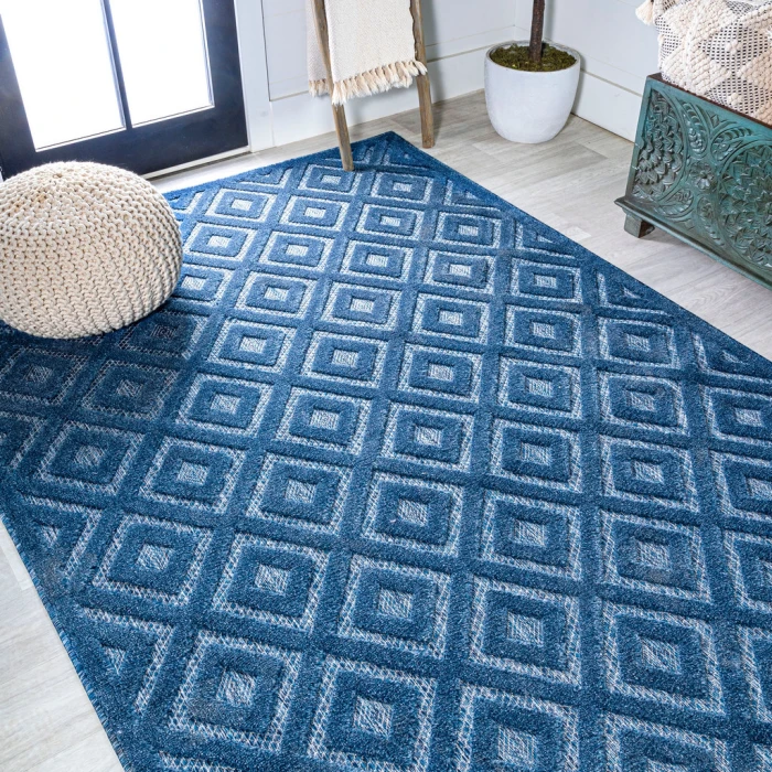 Portmany Neutral Diamond Trellis Navy 4 ft. x 6 ft. Indoor/Outdoor Area Rug