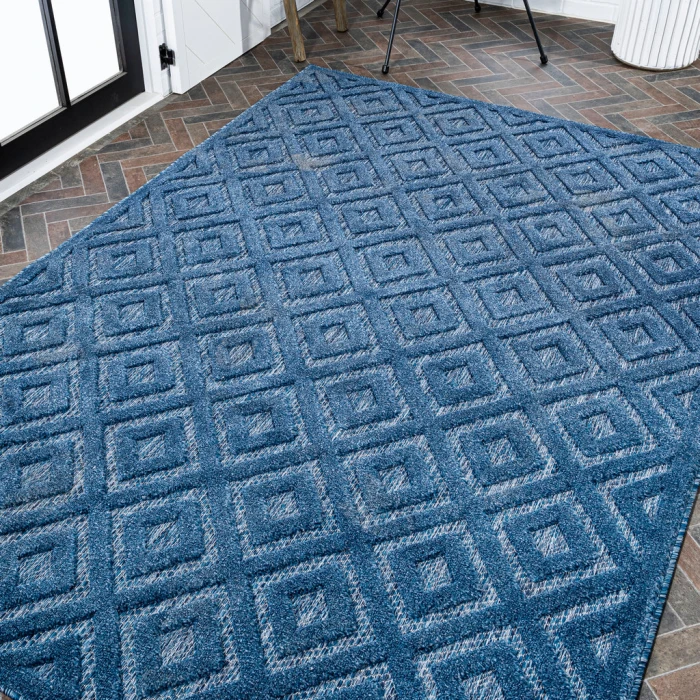 Portmany Neutral Diamond Trellis Navy 4 ft. x 6 ft. Indoor/Outdoor Area Rug