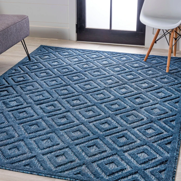 Portmany Neutral Diamond Trellis Navy 4 ft. x 6 ft. Indoor/Outdoor Area Rug