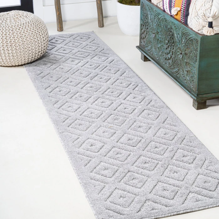 Portmany Neutral Diamond Trellis Light Gray 2 ft. x 8 ft. Indoor/Outdoor Runner Rug