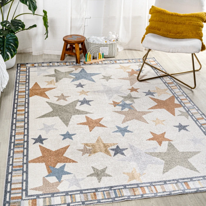 Star Gazer Geometric Machine-Washable Ivory/Blue/Orange 8 ft. x 10 ft. Area Rug
