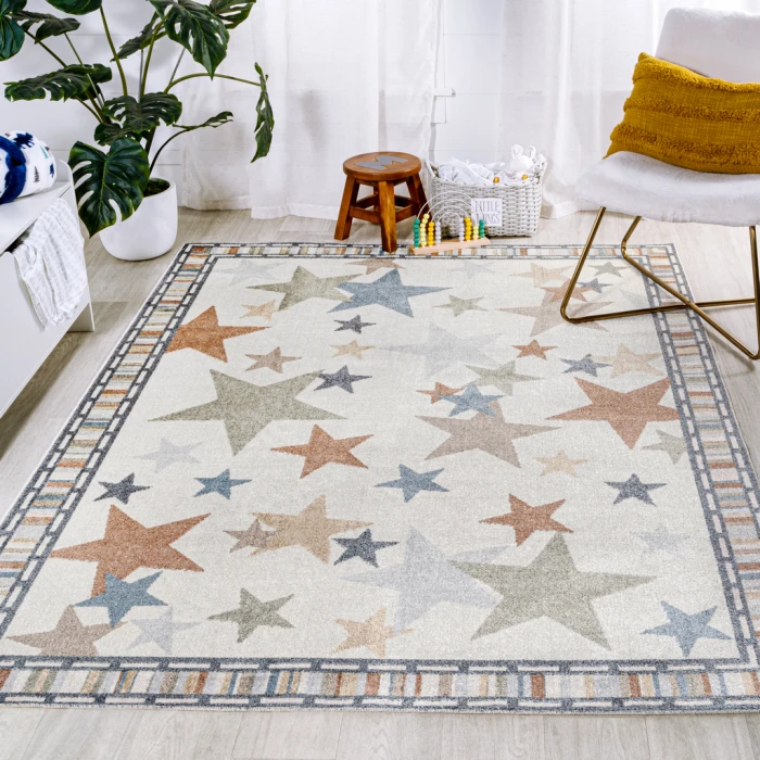 Star Gazer Geometric Machine-Washable Ivory/Blue/Orange 8 ft. x 10 ft. Area Rug