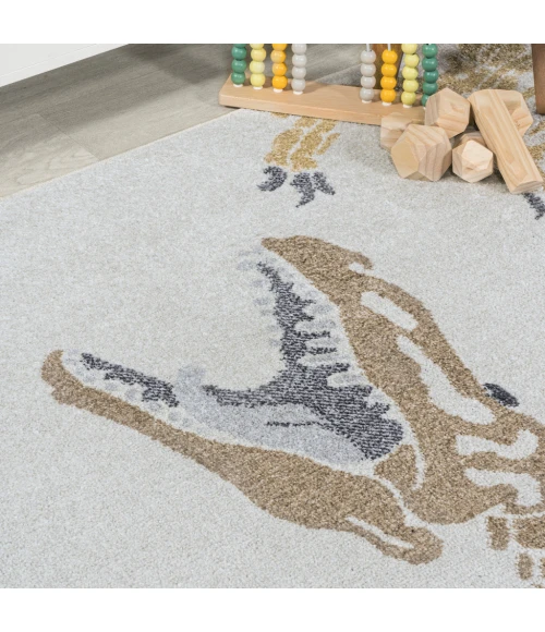 Kingdarr T-Rex Modern Kids Machine-Washable Cream/Multi 4 ft. x 6 ft. Area Rug