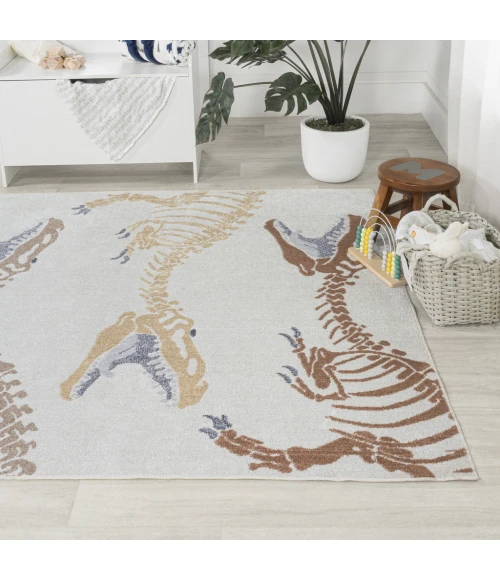 Kingdarr T-Rex Modern Kids Machine-Washable Cream/Multi 4 ft. x 6 ft. Area Rug