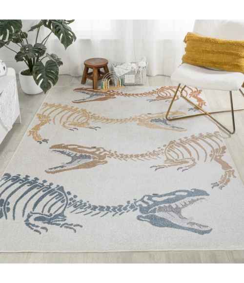 Kingdarr T-Rex Modern Kids Machine-Washable Cream/Multi 4 ft. x 6 ft. Area Rug