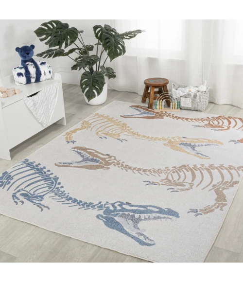 Kingdarr T-Rex Modern Kids Machine-Washable Cream/Multi 4 ft. x 6 ft. Area Rug