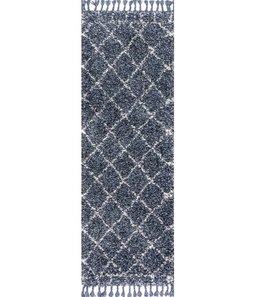Mercer Shag Plush Tassel Moroccan Geometric Trellis Blue/Cream 2 ft. x 8 ft. Runner Rug