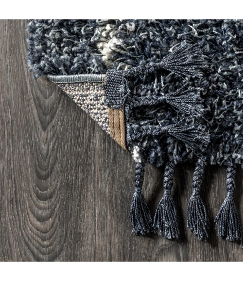 Mercer Shag Plush Tassel Moroccan Geometric Trellis Blue/Cream 4 ft. x 6 ft. Area Rug