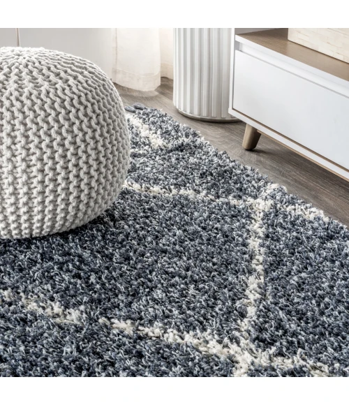 Mercer Shag Plush Tassel Moroccan Geometric Trellis Blue/Cream 4 ft. x 6 ft. Area Rug