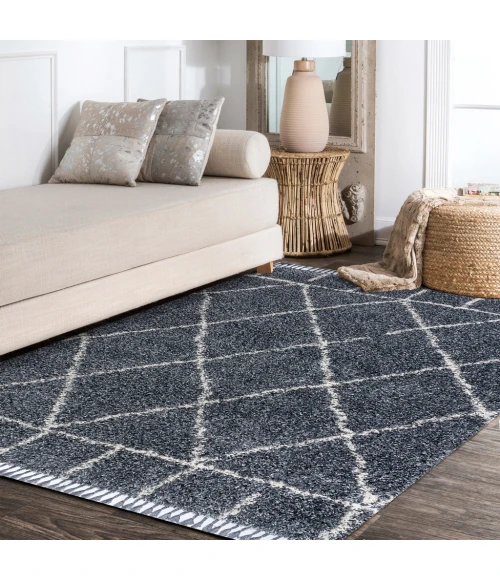 Mercer Shag Plush Tassel Moroccan Geometric Trellis Blue/Cream 4 ft. x 6 ft. Area Rug