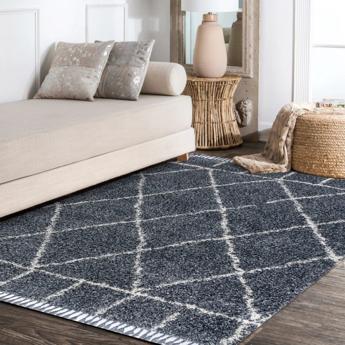 Mercer Shag Plush Tassel Moroccan Geometric Trellis Blue/Cream 4 ft. x 6 ft. Area Rug